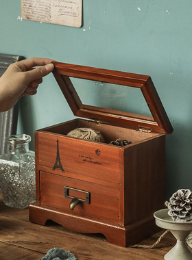松川家居桌面针线收纳盒木质首饰抽屉式带盖防尘zakka多层储物盒