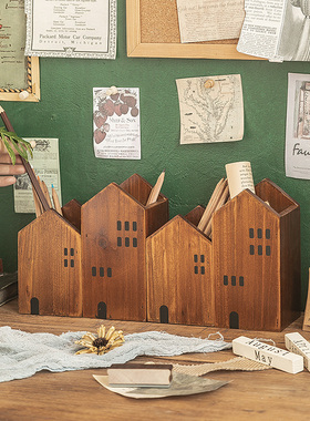 笔筒日式复古书桌创意摆件画笔彩铅化妆刷桶办公室木质桌面收纳盒