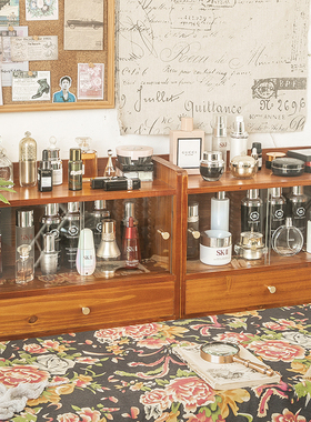 桌面收纳盒木质复古杂物玻璃整理盒梳妆台护肤化妆品抽屉式置物架