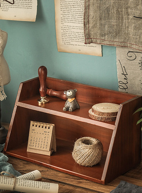 桌面化妆品收纳盒木质双层复古桌上杯子置物架实木办公室收纳神器