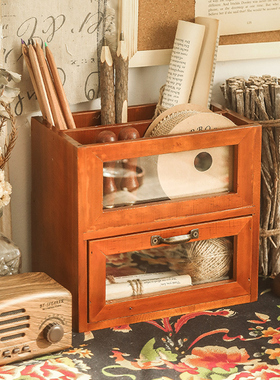 化妆刷收纳桌面遥控器收纳盒书桌文具桶zakka刷子笔筒复古木质柜