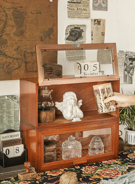 复古木质茶具收纳柜桌面化妆品玻璃展示柜杯子防尘整理茶杯收纳盒