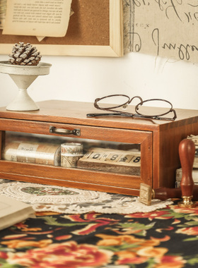 桌面收纳盒电脑增高架显示屏木盒子桌上杂物置物架抽屉式复古木质