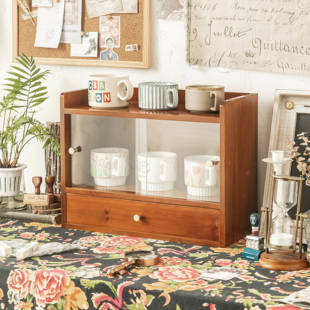 桌面化妆品收纳盒杯子茶具茶杯马克杯整理实木餐边柜玻璃拉门防尘