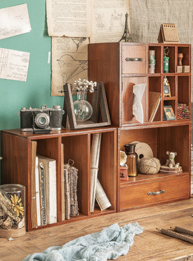 桌面收纳盒办公室书桌抽屉置物架复古木制文具手账印章柜分隔书架