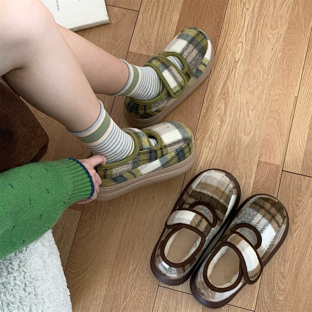 复古格子秋冬厚底魔术贴加绒豆豆鞋ins休闲玛丽珍保暖面包棉鞋女,女鞋,棉鞋,淘宝优惠券,粉丝福利购,淘宝优惠卷