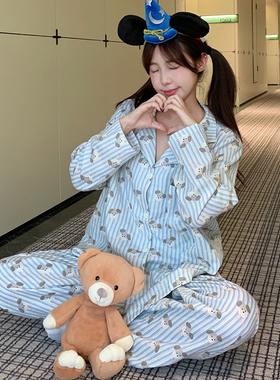 棉质胖MM大码260斤穿睡衣女蓝色卡通印花套装加肥加大甜美家居服