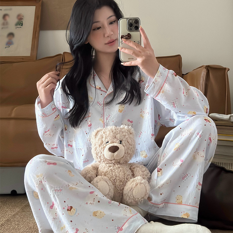 大码睡衣260斤穿休闲蓝色KT猫长袖大码睡衣女套装甜美宽松家居服
