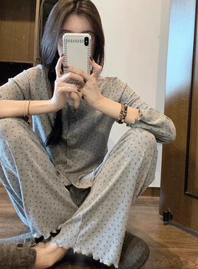 胖MM特大码睡衣250斤灰色印花套装长袖加肥加大弹性莫代尔家居服