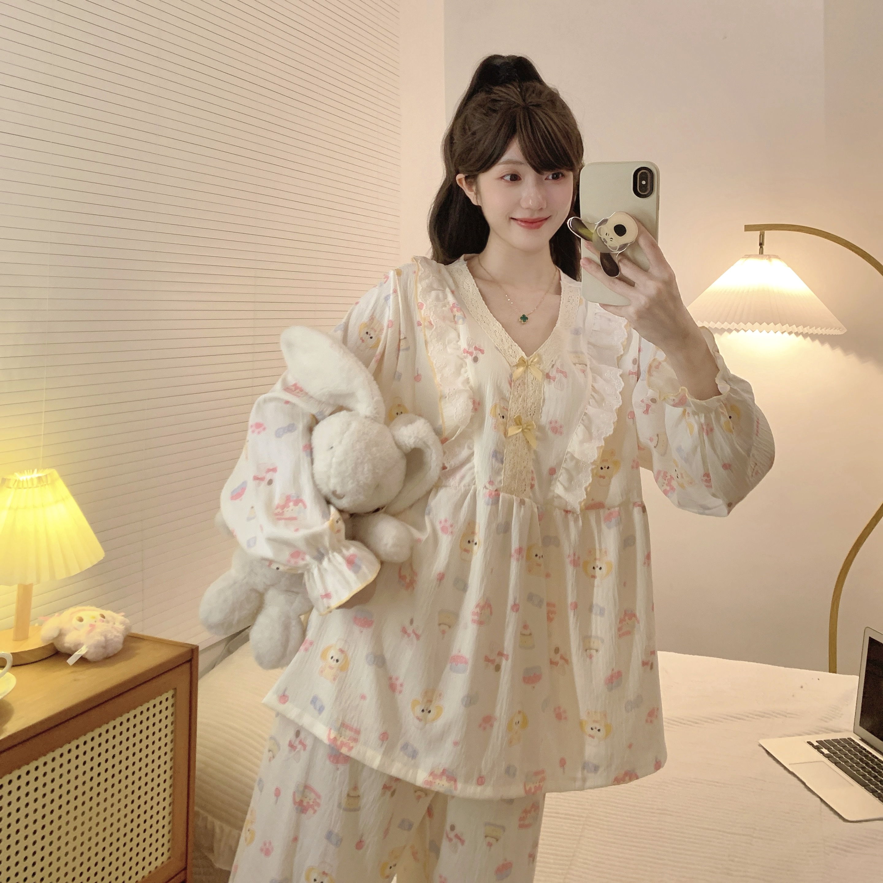 大码睡衣250斤可穿套装卡通印花蕾丝边V领加肥加大甜美宽松家居服