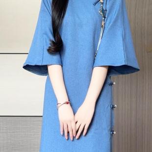 抹茶麻薯2026年春秋季新款古法全开襟旗袍学生文艺风倒大袖连衣裙