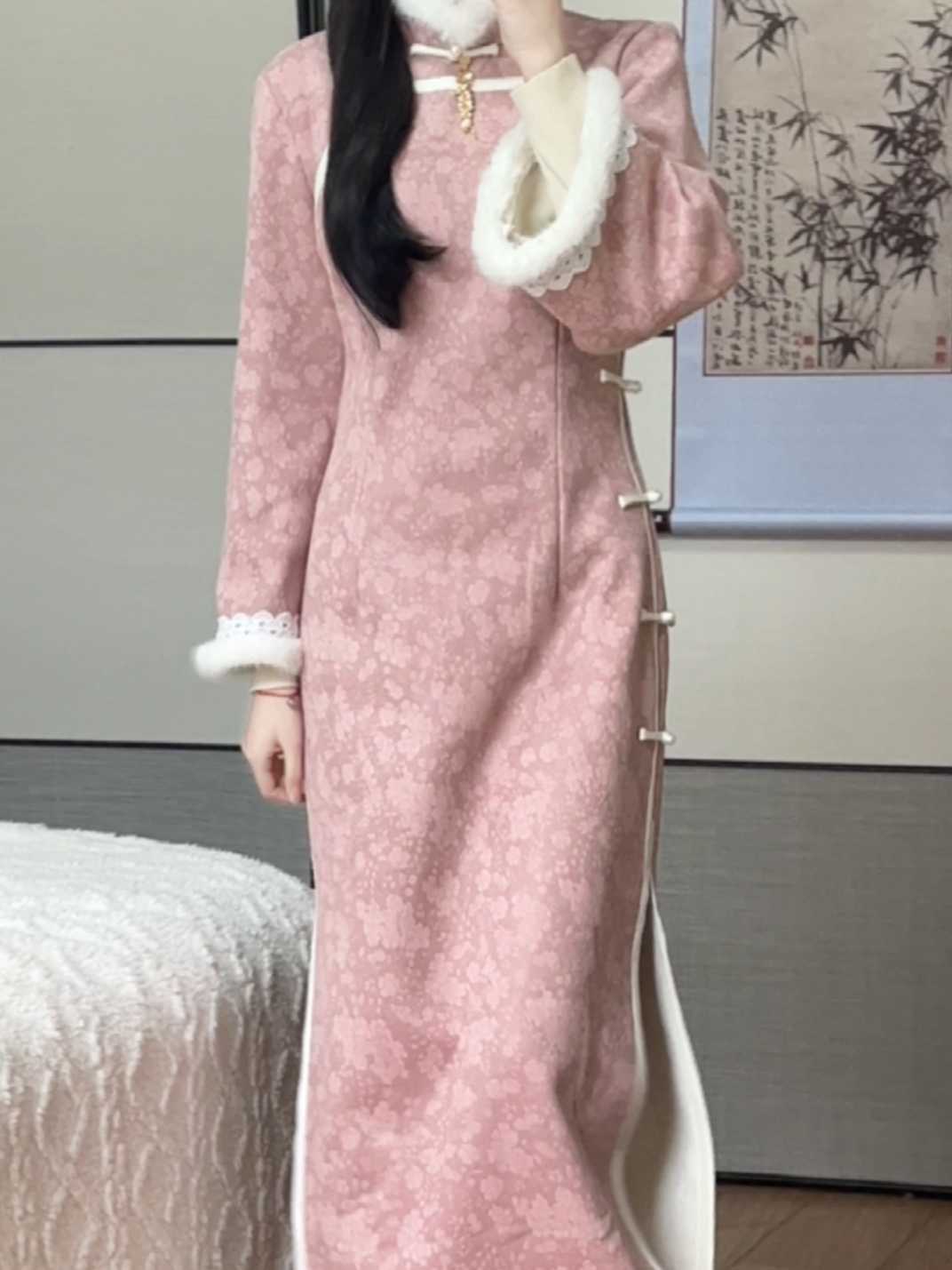 抹茶麻薯双色倒大袖旗袍