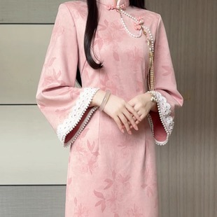 改良旗袍淑女范新中式 麂皮绒倒大袖 长裙 新款 抹茶麻薯2025年春秋季