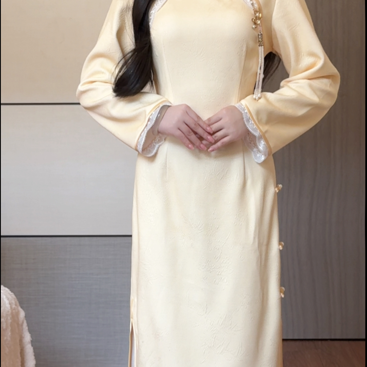 抹茶麻薯2025秋冬新款黄色针织提花新中式旗袍女改良年轻款女日常