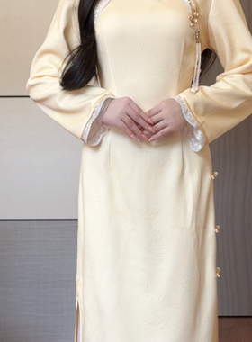 抹茶麻薯2025秋冬新款黄色针织提花新中式旗袍女改良年轻款女日常