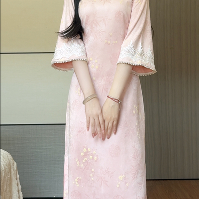 抹茶麻薯2025年秋季新款粉色改良新中式倒大袖旗袍女麂皮绒年轻款