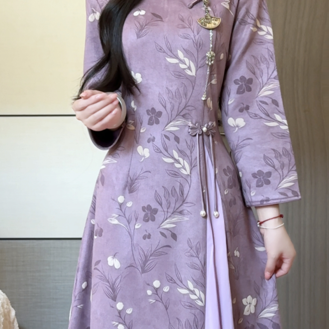 抹茶麻薯2025年秋季新款国风新中式紫色改良旗袍奥黛年轻气质高端