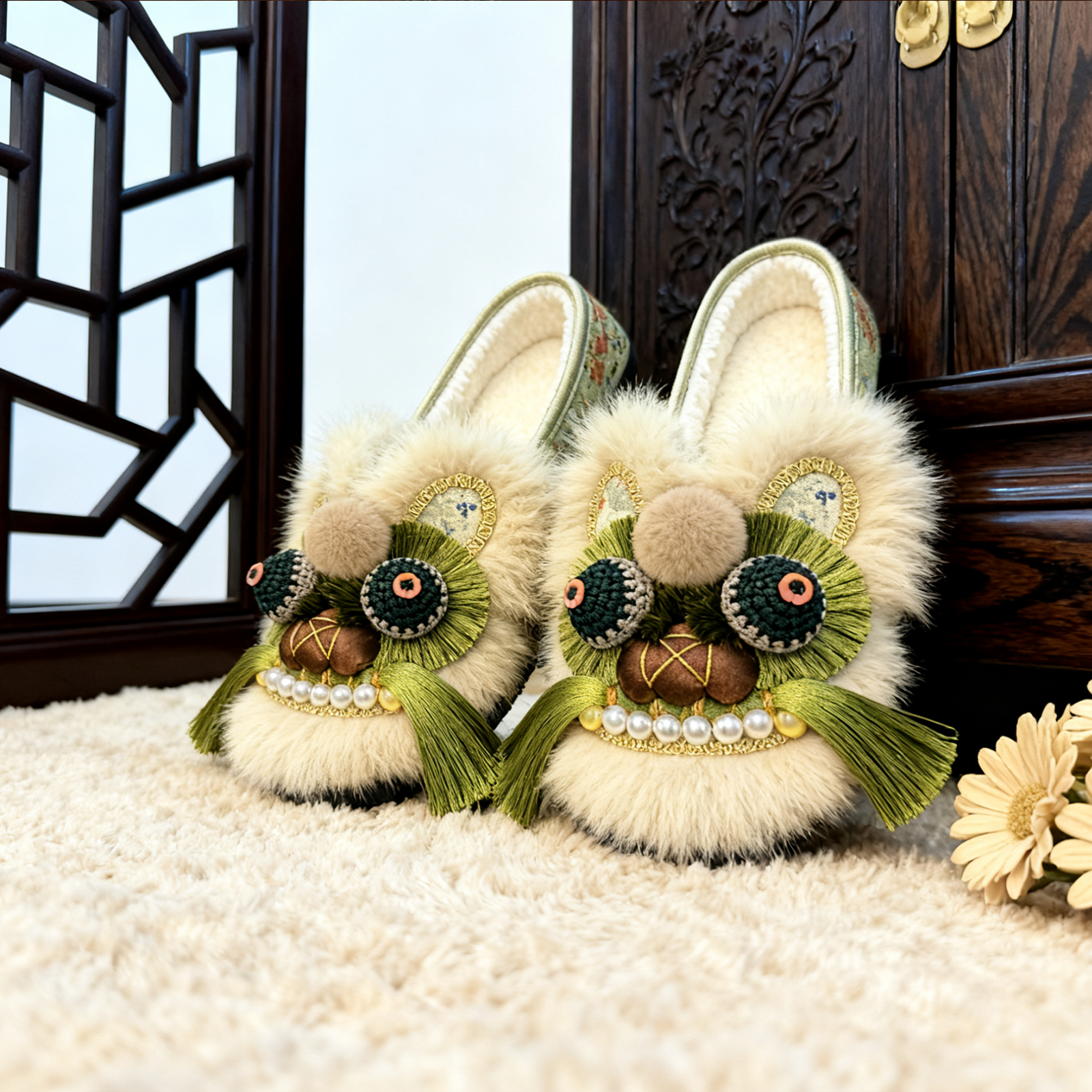 冬季新款复古加绒保暖平底棉鞋新中式一脚蹬纯手工女士绣花虎头鞋