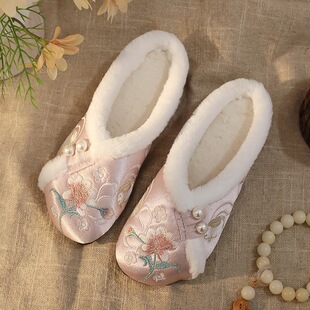 冬季民族风包头加绒拖鞋女软底丝光缎面旗袍古装汉服鞋女保暖棉拖