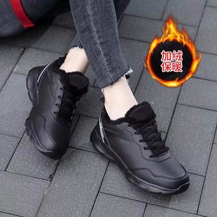 新款 黑色平底波鞋 加绒保暖女鞋 百搭轻便休闲鞋 皮面防水运动鞋 冬季