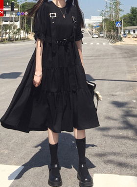 春夏季连衣裙学生设计感暗黑系复古宽松日系a字小黑裙中长裙子女