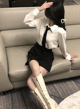 jk白色衬衫学院风春秋季学生女长袖上衣小个子职业气质包臀裙套装