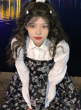 日系jk制服学院风黑色衬衫女夏季长袖衬衣百褶裙小个子上衣套装裙