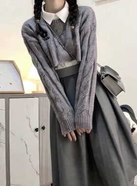 甜酷感叠洋装灰色女百褶半裙学院风小个子春秋冬奶系衬衫上衣穿搭