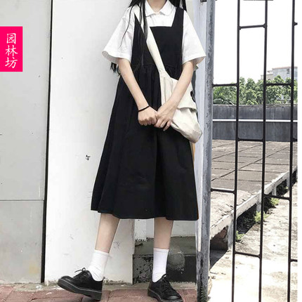 日系jk制服背带连衣裙女夏季学院风黑色背心裙小个子短袖衬衫套装