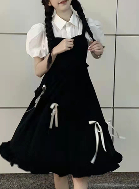 日系文艺蝴蝶结背带连衣裙夏季超仙女小个子学院风泡泡袖寸衫套装