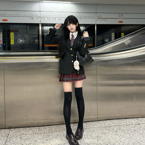 正版JK学院风秋冬西装格裙套装