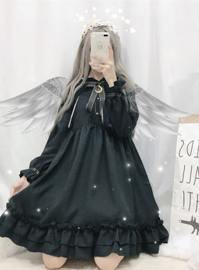 日系软妹小个子连衣裙子2024新款春秋季可爱莉女学院风复古黑裙子