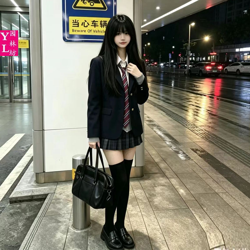 校供感日系原则jk服西装外套女学院风秋冬季正版黑色西服三件套jk