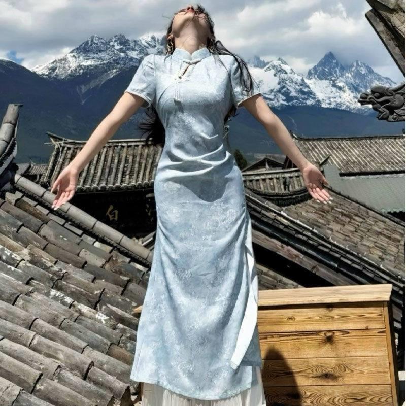 改良中日常中式短袖新绝收腰旗袍裙子淡雅长裙风美国淑女开叉气质