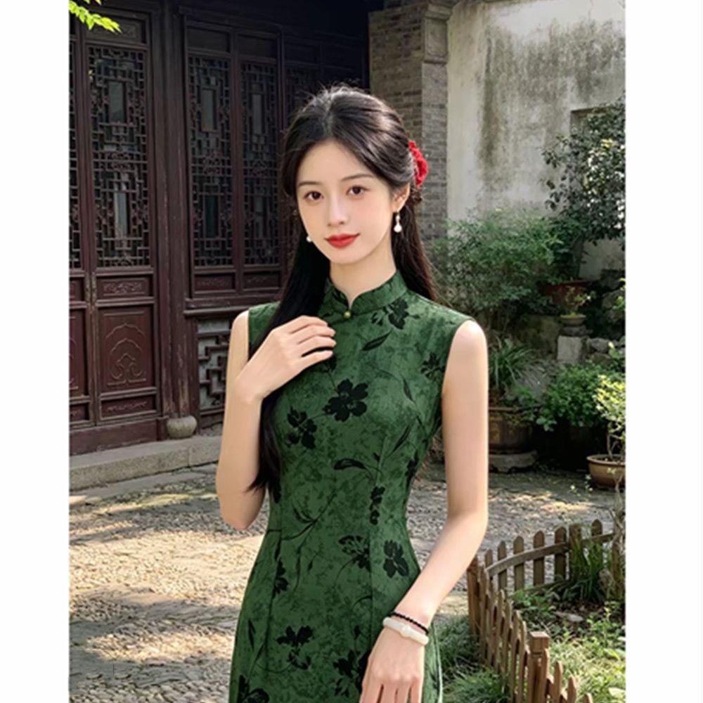 连衣裙立领感显瘦香云纱旗袍聚会国风绿色礼服夏季高级质感无袖