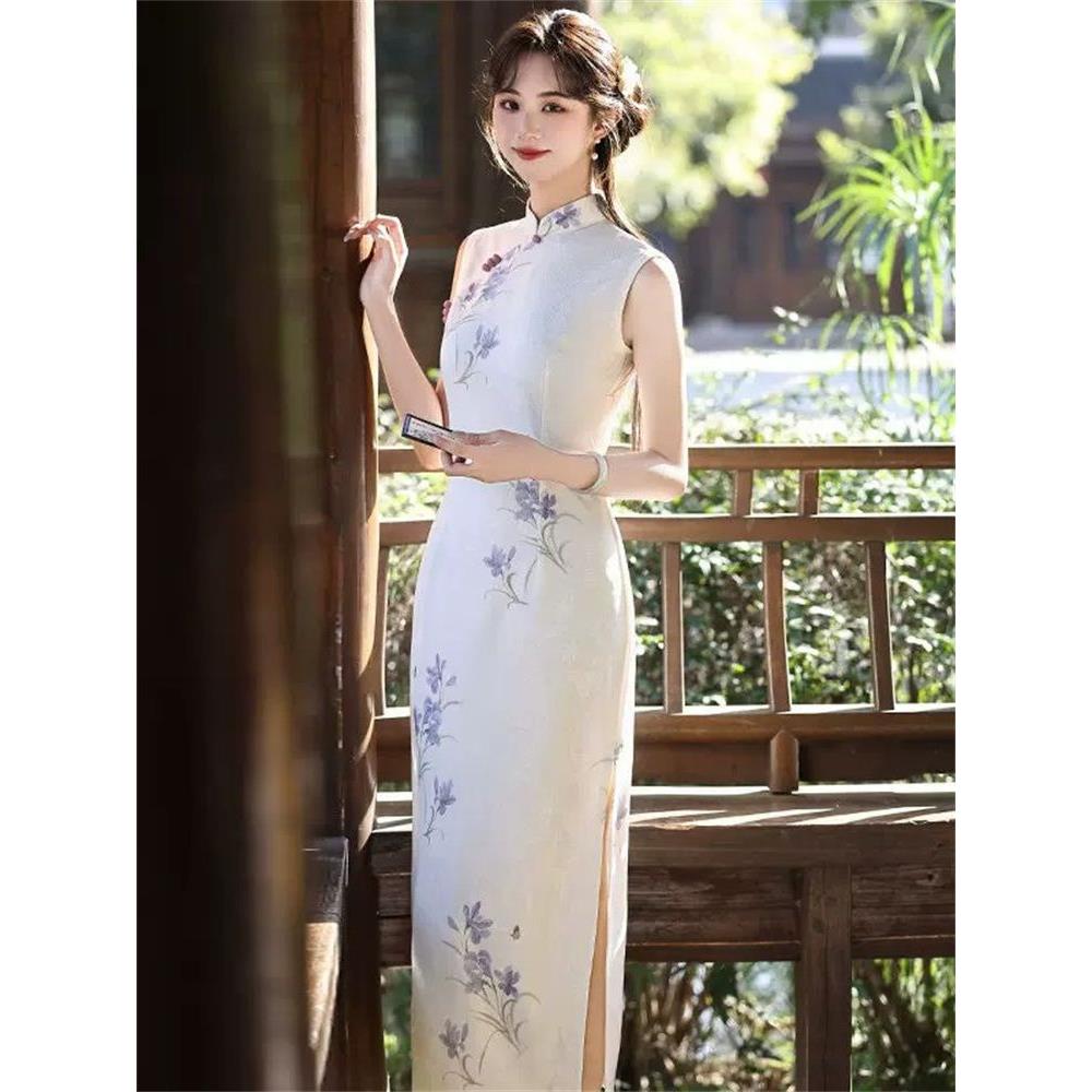 旗袍开叉国风白紫夏季无袖少女气质改良收腰连衣裙印花温婉兰花