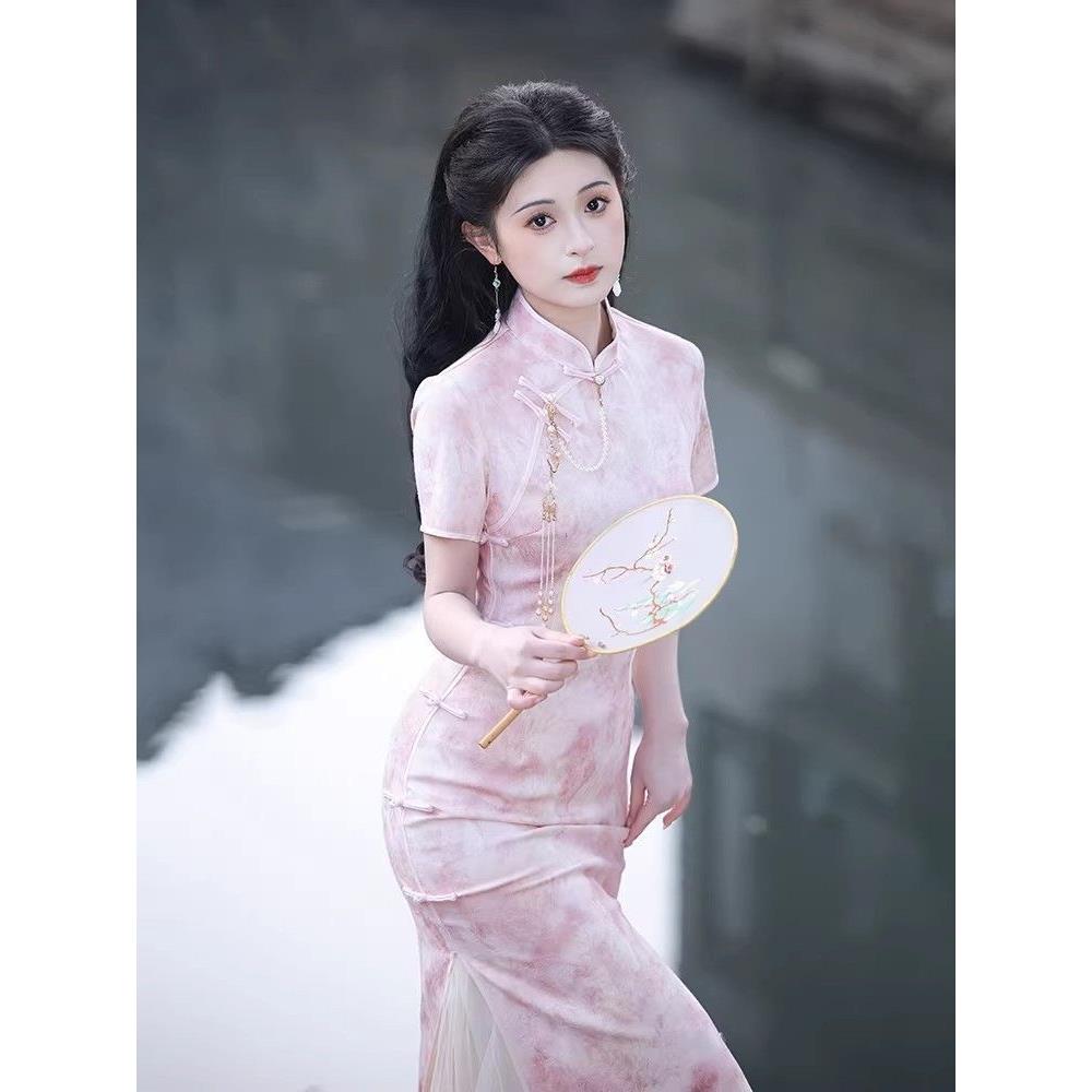 开衩旗袍长渐变色高端新款中国优雅风名媛绝美气质连衣裙改良粉色