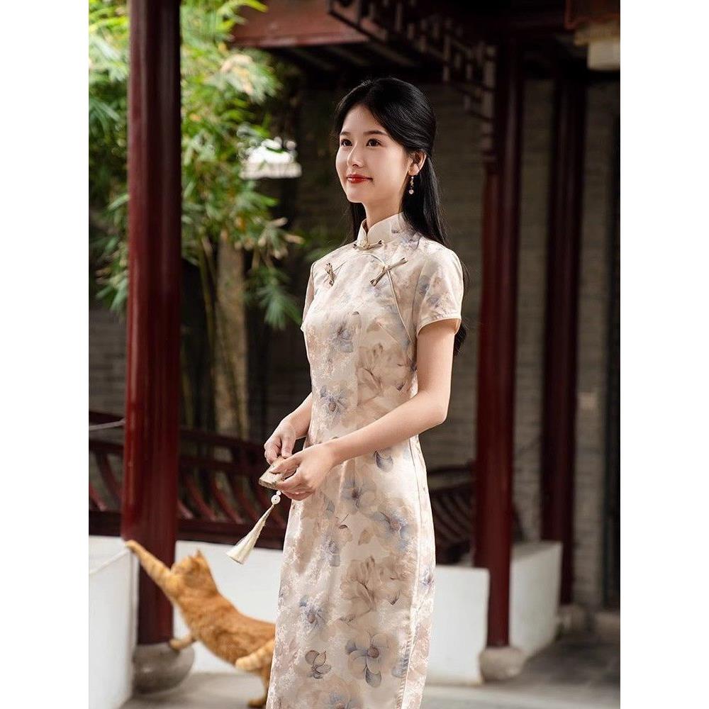 中式淑女订婚水墨国风送考女收腰新旗袍裙立领晕染气质短款连衣裙