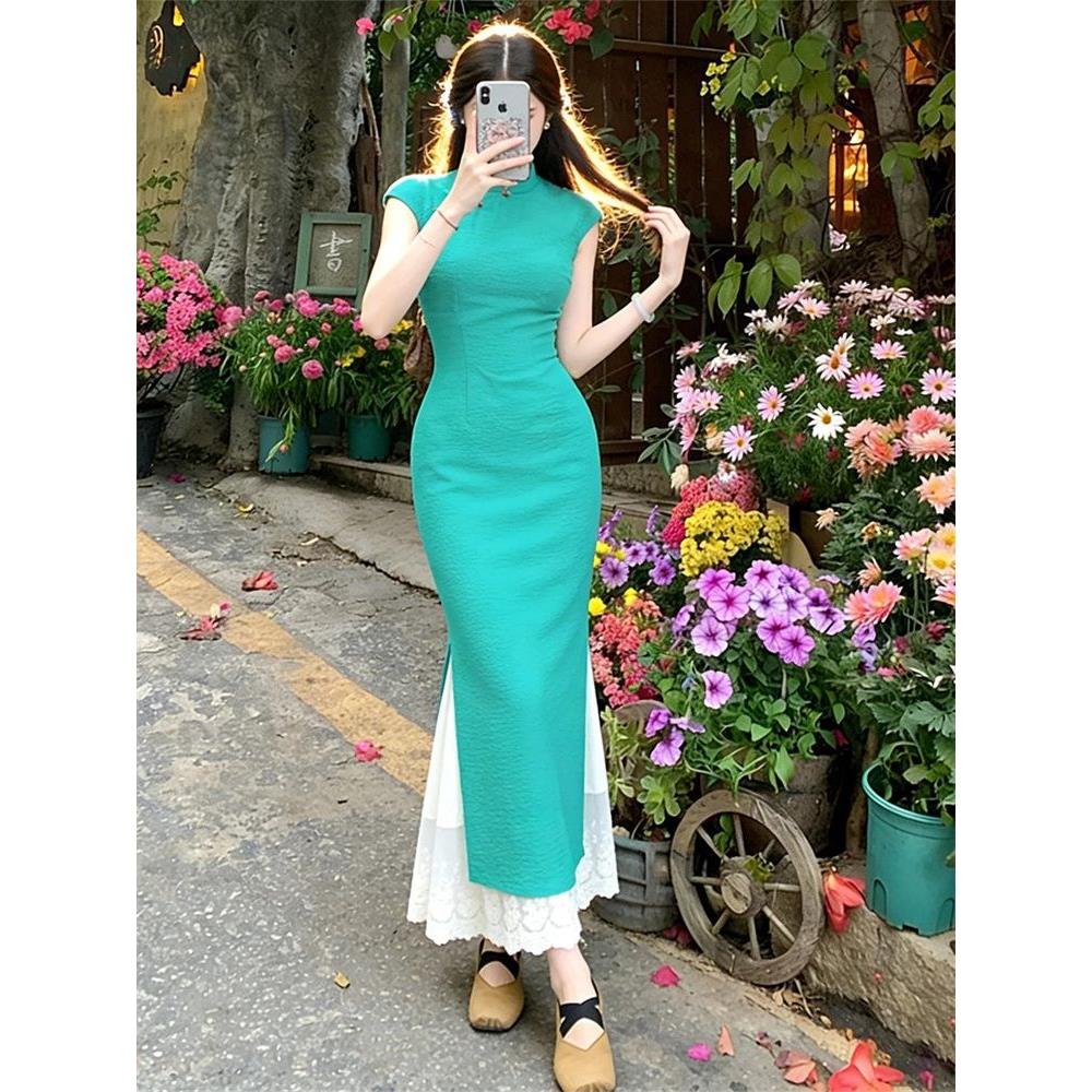 显瘦盘扣立领气质无袖中式新复古裙子旅行湖绿通勤中长款旗袍肌理
