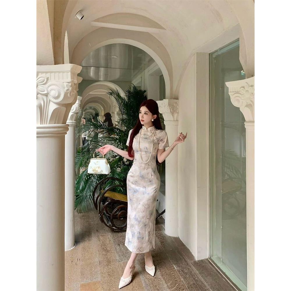 短款中式温柔国风风女江南淑女新立领盘扣水墨连衣裙气质印花旗袍