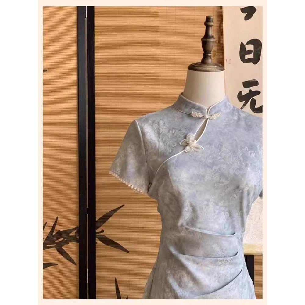 重工修身显新款礼服旗袍敬酒宴会款连衣裙提花短袖改良夏季瘦长