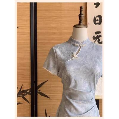重工修身显新款礼服旗袍敬酒宴会款连衣裙提花短袖改良夏季瘦长