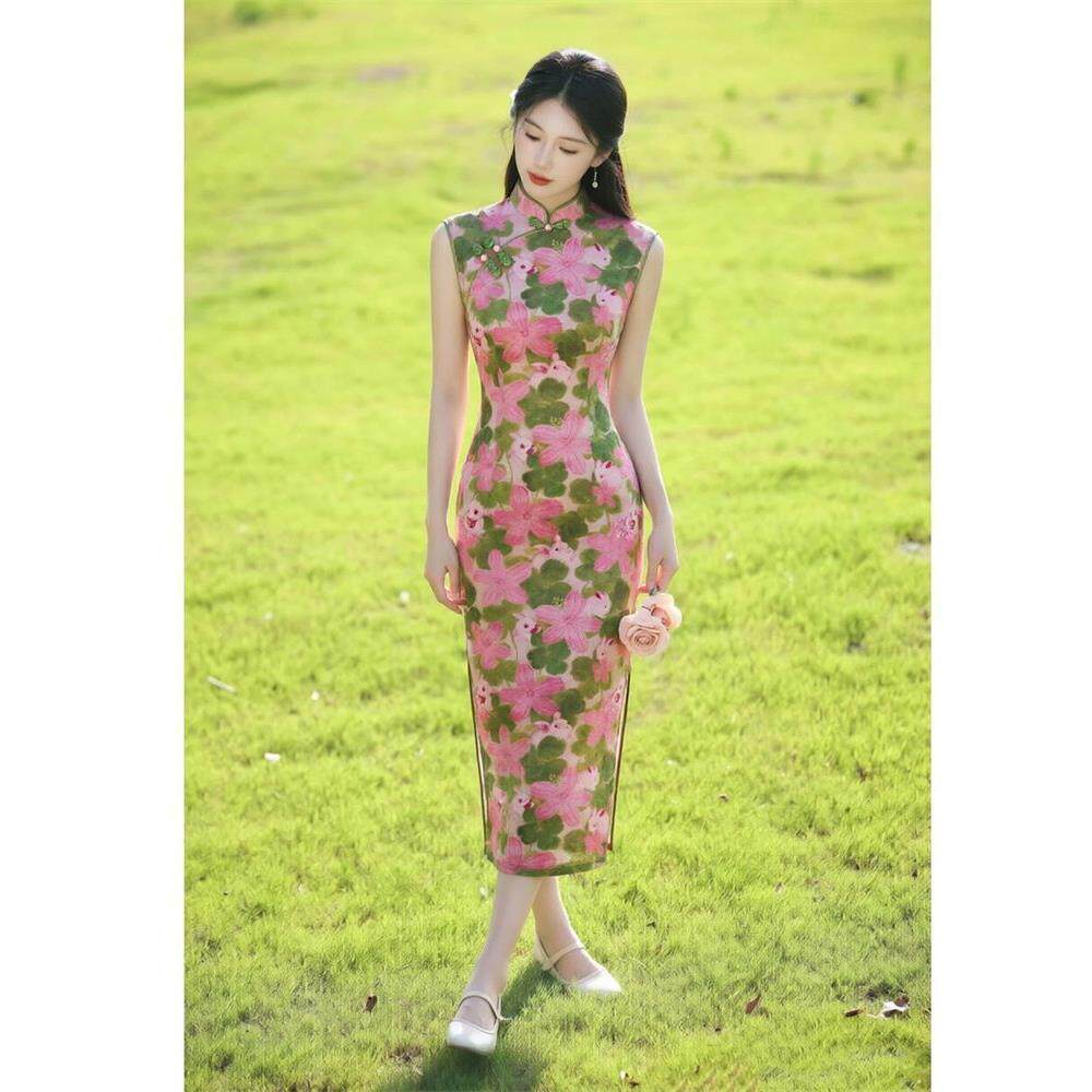 瘦长改良礼服粉绿显连衣裙款款国风兔少女印花修身无袖荷花旗袍
