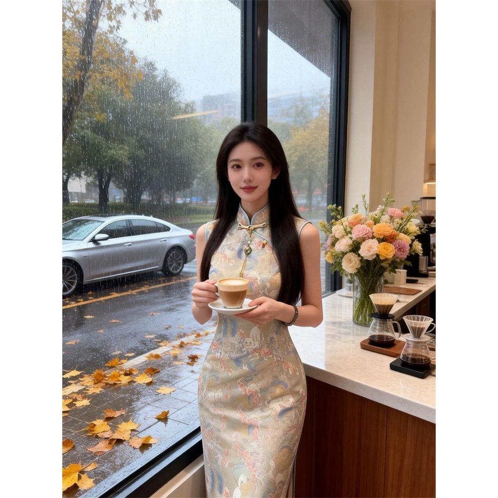 年轻连衣裙气质中长款显油画无袖旗袍身材风绝美法式改良款少女