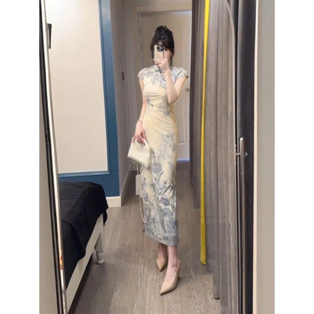 千金旗袍青花瓷短袖连衣裙温柔改良款中式印花气质新水墨国风礼服图片