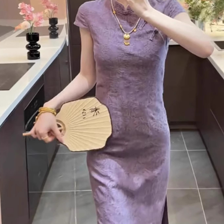 中式国风长款日常绝美紫色收腰新款连衣裙旗袍裙旗袍改良复古韵味