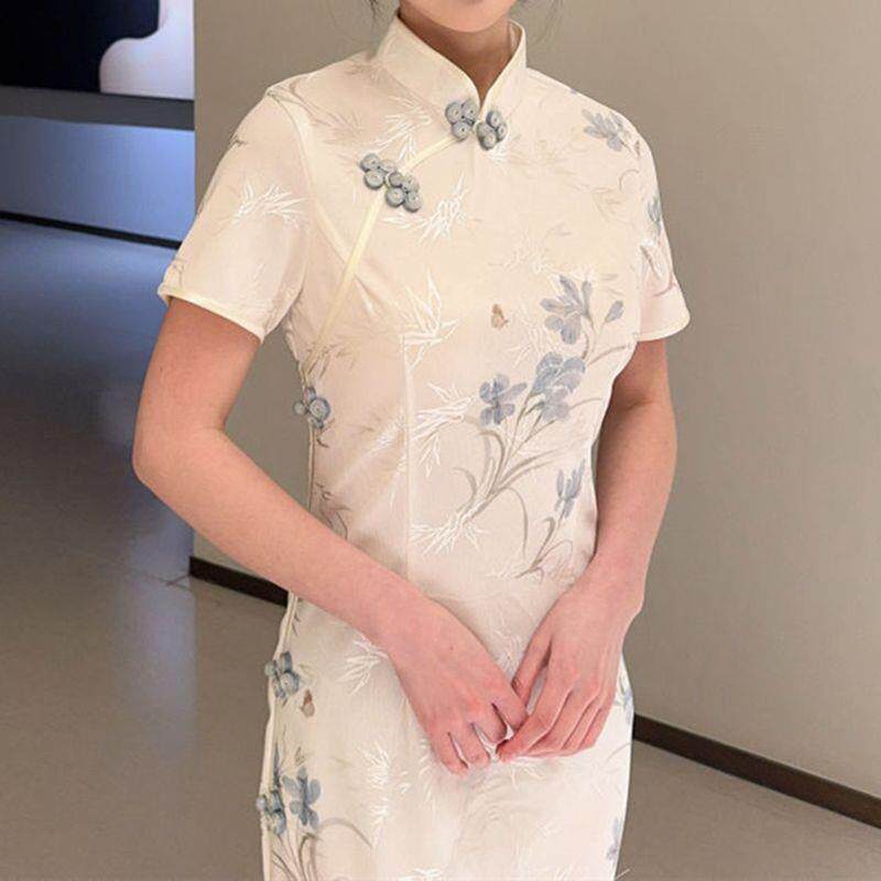 休闲复古提花重工改良绝美盘扣连衣裙国风旗袍出片新款中式长中新