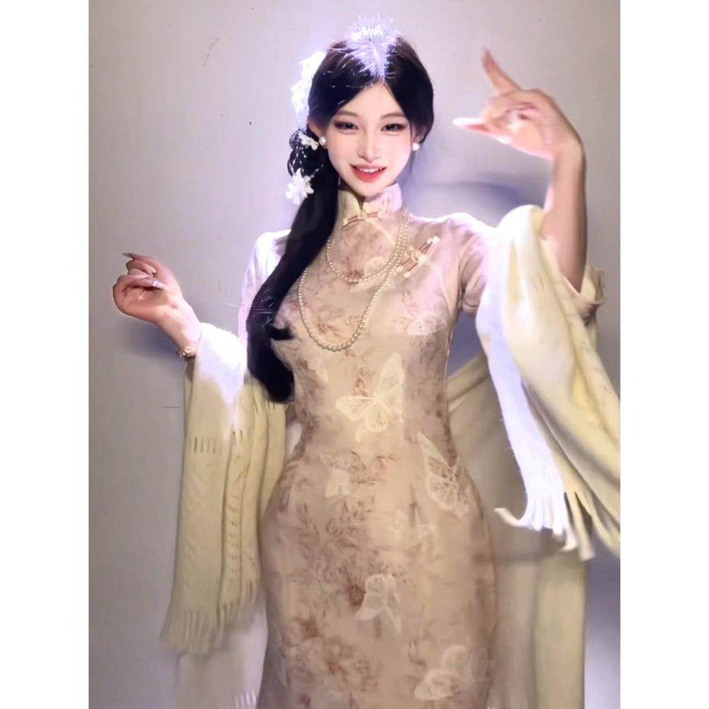 显瘦改良风倒大袖新中长款连衣裙少女收腰提花中式民国旗袍粉蝴蝶