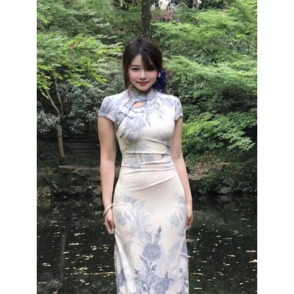 水墨设计江南改良抓褶感风旗袍连衣裙清新气质短袖绝美氛围印花