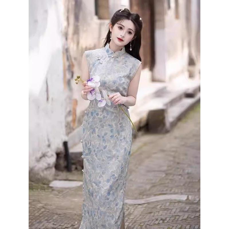 优雅蓝花新千金旗袍风无袖高级淑女连衣裙开叉中长款国风中式改良